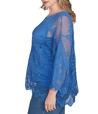 Ruby Rd. Plus Size Crochet Medallion Floral Pattern Scoop Neck 3/4 Wide Flared Sleeve Top