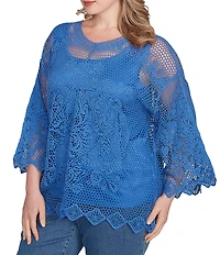 Ruby Rd. Plus Size Crochet Medallion Floral Pattern Scoop Neck 3/4 Wide Flared Sleeve Top