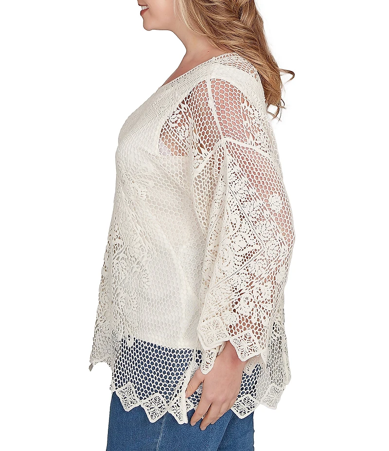 Ruby Rd. Plus Size Crochet Medallion Floral Pattern Scoop Neck 3/4 Wide Flared Sleeve Top