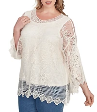 Ruby Rd. Plus Size Crochet Medallion Floral Pattern Scoop Neck 3/4 Wide Flared Sleeve Top