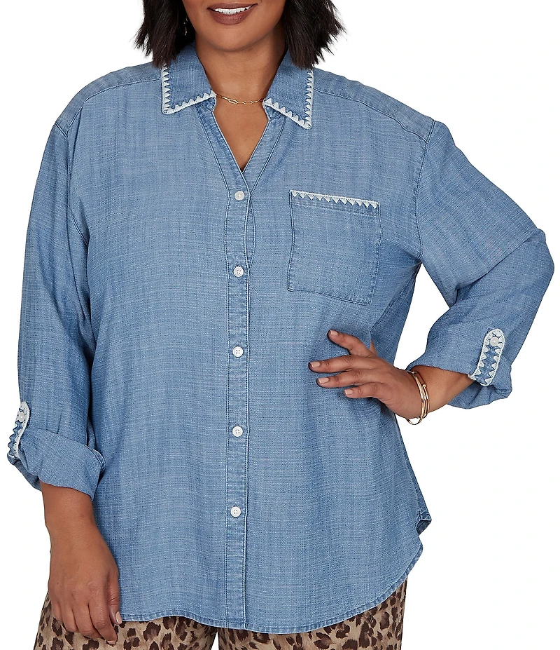 Ruby Rd. Plus Size Crosshatch Tencel Point Collar 3/4 Sleeve Crochet Trim Whipstitch Embroidery Button Front Shirt