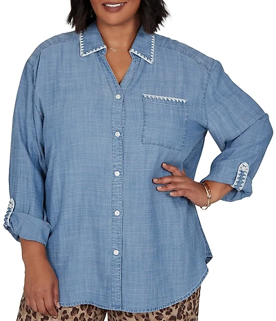 Ruby Rd. Plus Size Crosshatch Tencel Point Collar 3/4 Sleeve Crochet Trim Whipstitch Embroidery Button Front Shirt