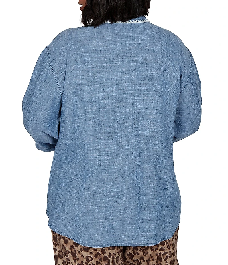 Ruby Rd. Plus Size Crosshatch Tencel Point Collar 3/4 Sleeve Crochet Trim Whipstitch Embroidery Button Front Shirt