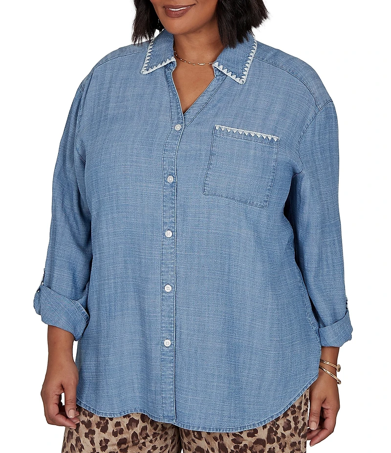 Ruby Rd. Plus Size Crosshatch Tencel Point Collar 3/4 Sleeve Crochet Trim Whipstitch Embroidery Button Front Shirt