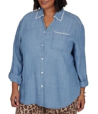 Ruby Rd. Plus Size Crosshatch Tencel Point Collar 3/4 Sleeve Crochet Trim Whipstitch Embroidery Button Front Shirt