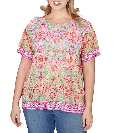 Ruby Rd. Plus Size Damask Floral Scoop Neck Short Sleeve Knit Tee Top