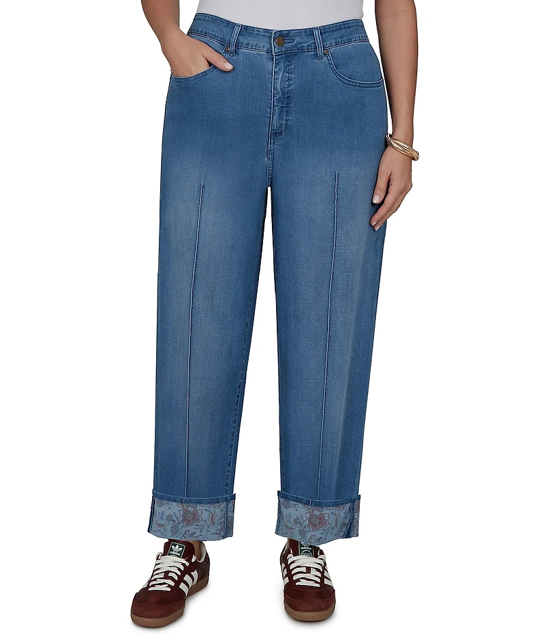 Ruby Rd. Plus Size Denim Relaxed Fit Wide Floral Print Cuff Ankle Jeans