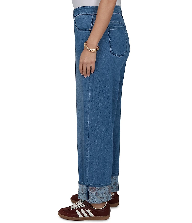 Ruby Rd. Plus Size Denim Relaxed Fit Wide Floral Print Cuff Ankle Jeans