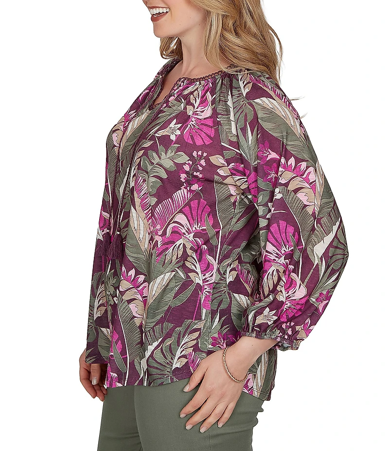 Ruby Rd. Plus Size Desertwillow Slub Knit Split V-Neck 3/4 Cuffed Sleeve Tassel Tie Top
