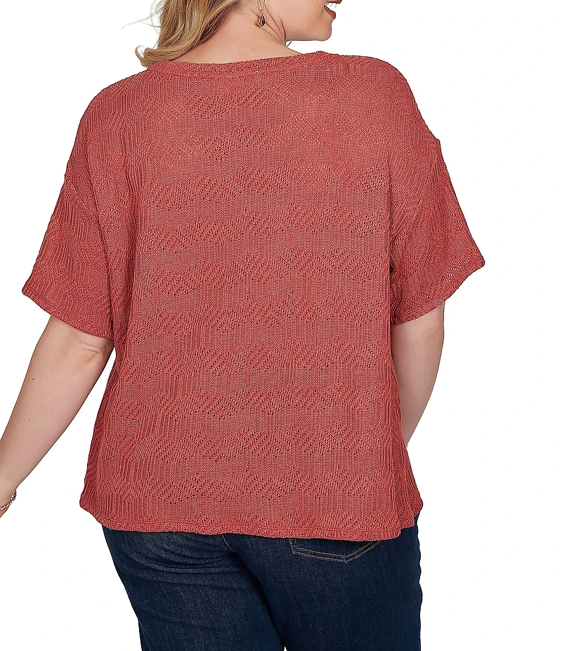 Ruby Rd. Plus Size Diamond Textured Knit Scoop Neck Elbow Length Sleeve Top