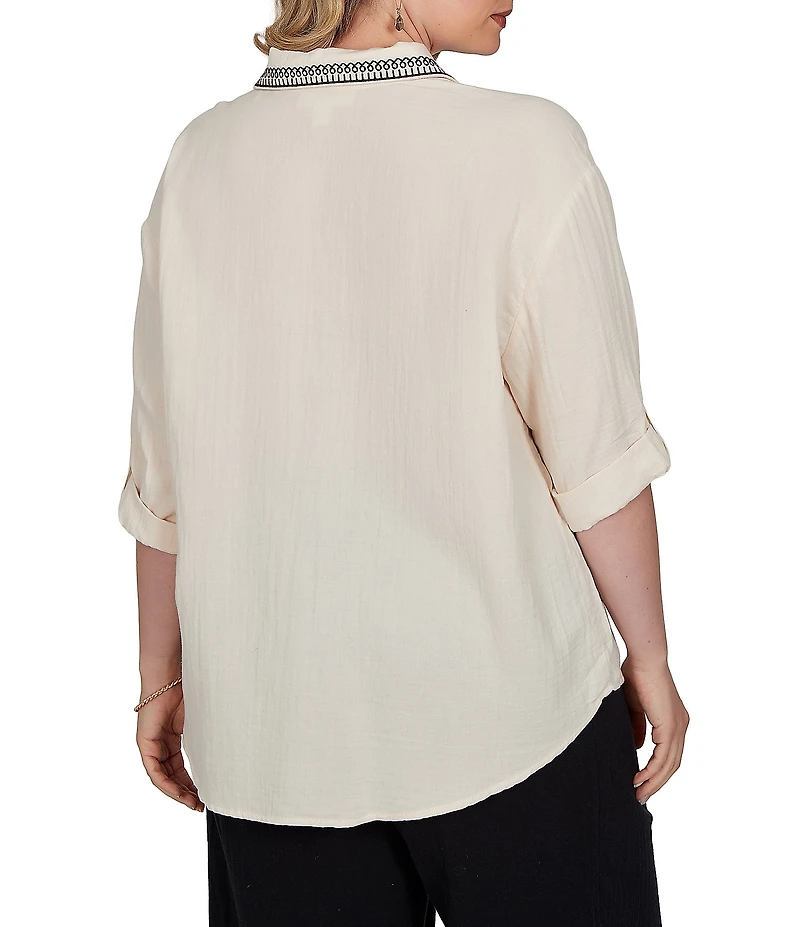 Ruby Rd. Plus Size Double Cotton Gauze Embroidered Point Collar 3/4 Roll-Tab Sleeve Button-Front Shirt