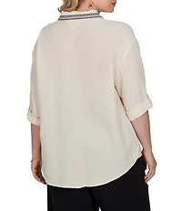 Ruby Rd. Plus Size Double Cotton Gauze Embroidered Point Collar 3/4 Roll-Tab Sleeve Button-Front Shirt