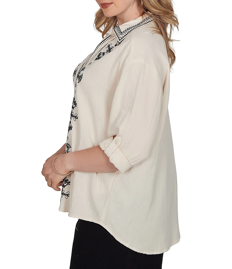 Ruby Rd. Plus Size Double Cotton Gauze Embroidered Point Collar 3/4 Roll-Tab Sleeve Button-Front Shirt