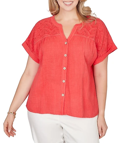 Ruby Rd. Plus Size Double Gauze Woven Paisley Embroidered Button-Front Blouse