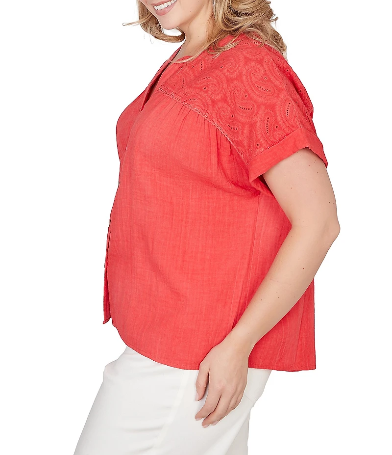 Ruby Rd. Plus Size Double Gauze Woven Paisley Embroidered Button-Front Blouse