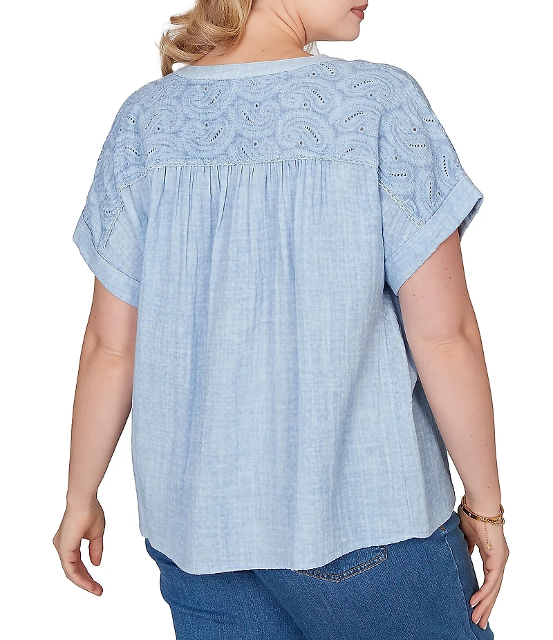 Ruby Rd. Plus Size Double Gauze Woven Paisley Embroidered Button-Front Blouse