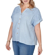 Ruby Rd. Plus Size Double Gauze Woven Paisley Embroidered Button-Front Blouse