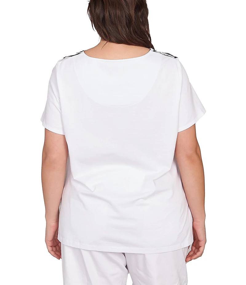 Ruby Rd. Plus Size Embellished Abstract Palm Print Crew Neck Short Sleeve T-Shirt