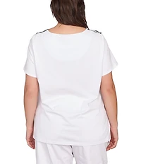 Ruby Rd. Plus Size Embellished Abstract Palm Print Crew Neck Short Sleeve T-Shirt