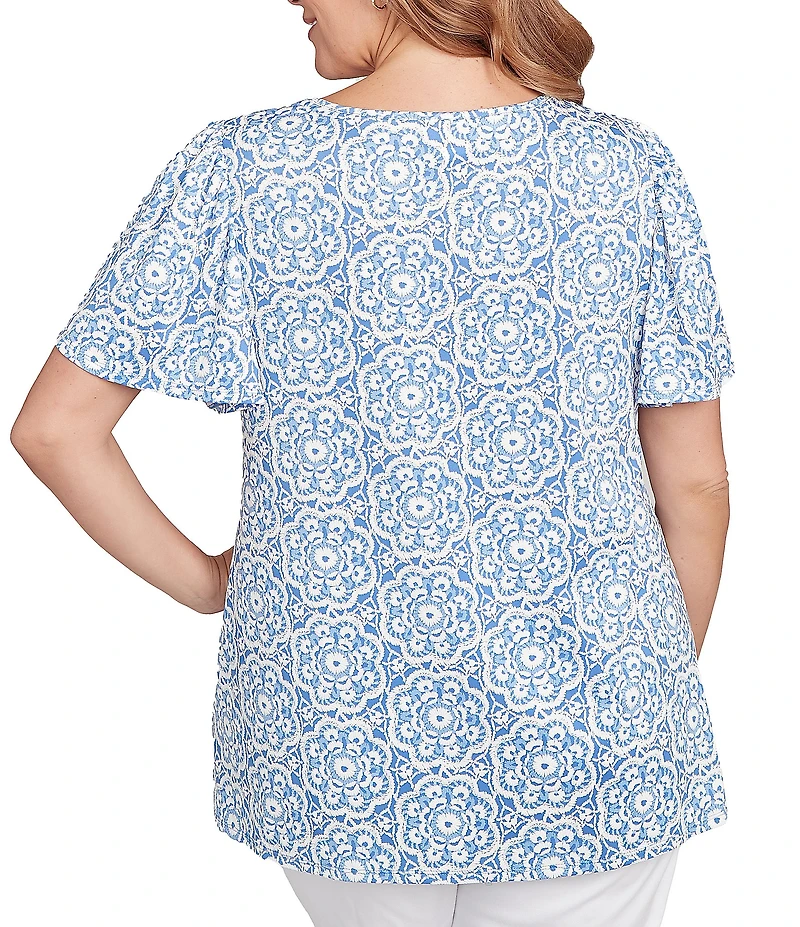 Ruby Rd. Plus Size Embellished Beaded Macrame Scoop Neck Short Sleeve Top