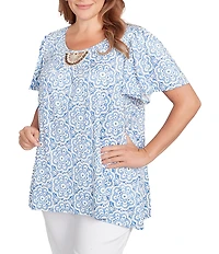Ruby Rd. Plus Size Embellished Beaded Macrame Scoop Neck Short Sleeve Top