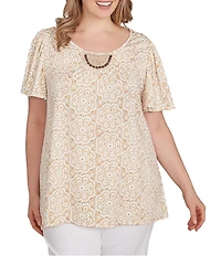 Ruby Rd. Plus Size Embellished Beaded Macrame Scoop Neck Short Sleeve Top