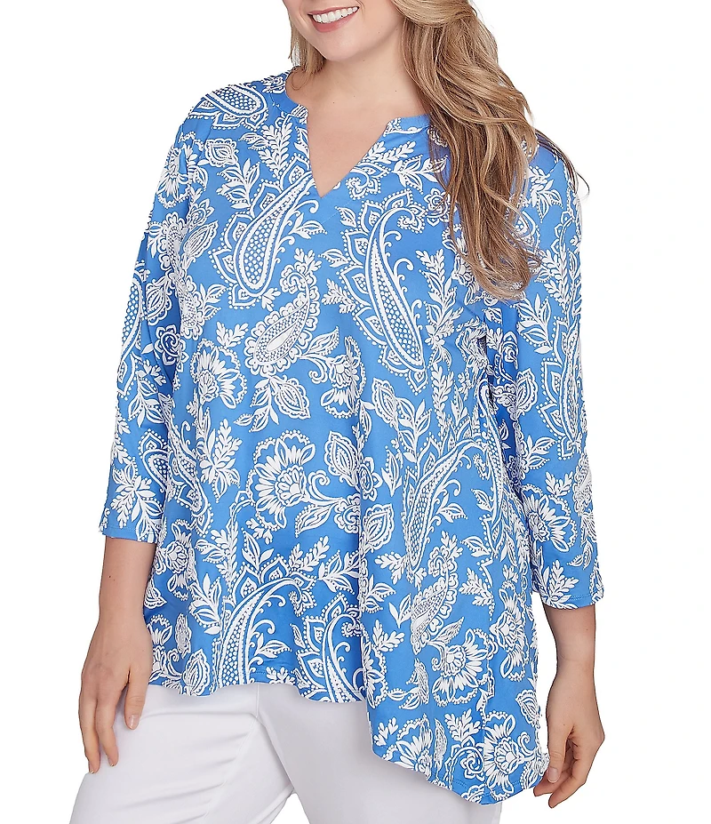 Ruby Rd. Plus Size Jacobean Paisley Puff Split V-Neck 3/4 Sleeve Top