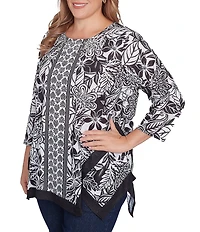 Ruby Rd. Plus Size Embellished Printed Scoop Neck 3/4 Sleeve Shark-Bite Hem Top