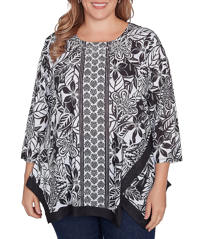 Ruby Rd. Plus Size Embellished Printed Scoop Neck 3/4 Sleeve Shark-Bite Hem Top
