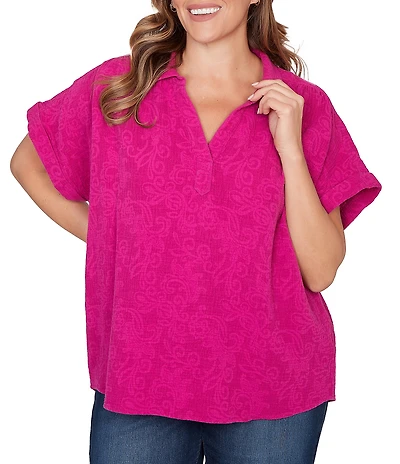 Ruby Rd. Plus Size Embossed Gauze Woven Paisley Spread Collar Short Rolled Sleeves Top