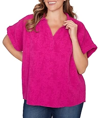 Ruby Rd. Plus Size Embossed Gauze Woven Paisley Spread Collar Short Rolled Sleeves Top