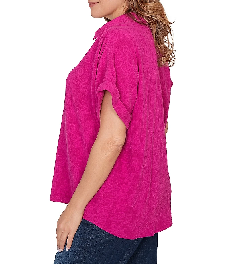 Ruby Rd. Plus Size Embossed Gauze Woven Paisley Spread Collar Short Rolled Sleeves Top