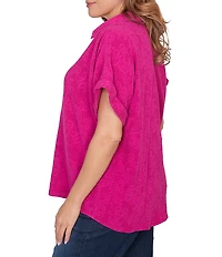 Ruby Rd. Plus Size Embossed Gauze Woven Paisley Spread Collar Short Rolled Sleeves Top