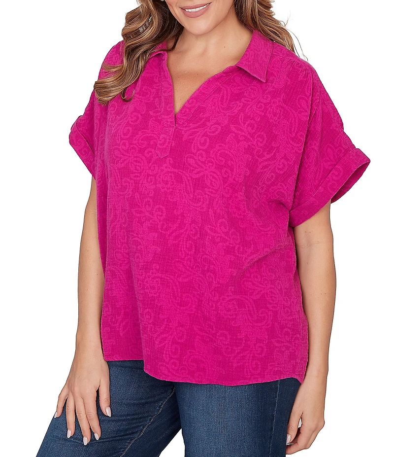 Ruby Rd. Plus Size Embossed Gauze Woven Paisley Spread Collar Short Rolled Sleeves Top