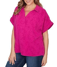 Ruby Rd. Plus Size Embossed Gauze Woven Paisley Spread Collar Short Rolled Sleeves Top