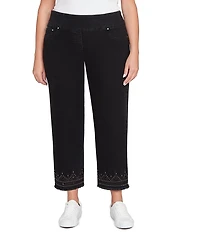 Ruby Rd. Plus Size Embroidered Bead Fringe Hem Pull-On Ankle Denim Jeans