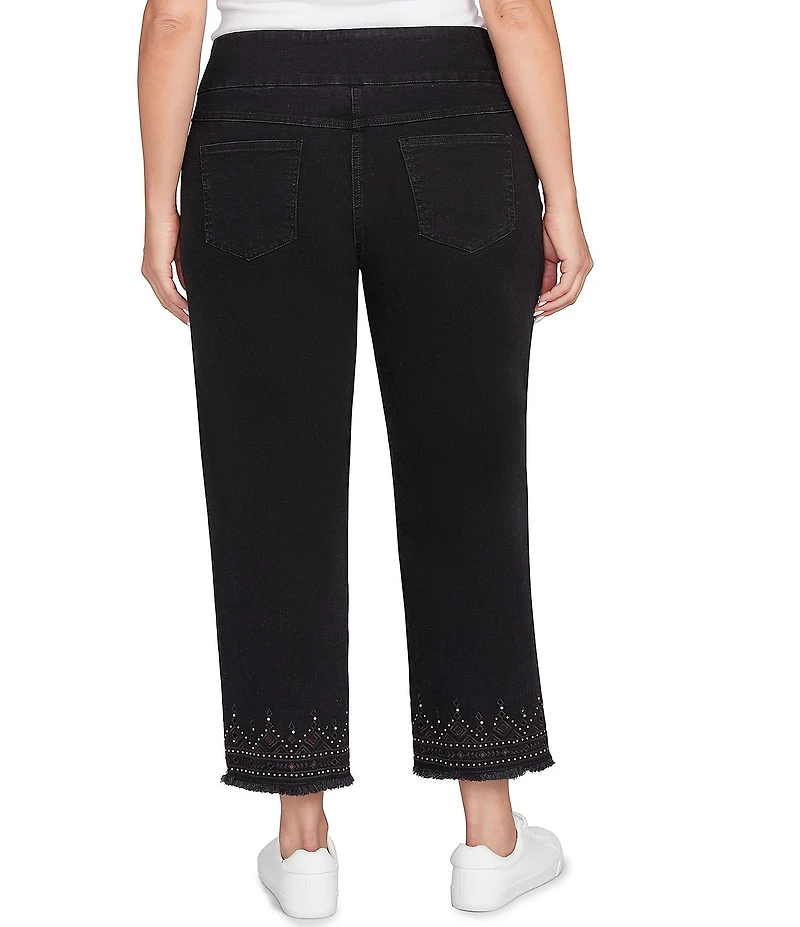 Ruby Rd. Plus Size Embroidered Bead Fringe Hem Pull-On Ankle Denim Jeans