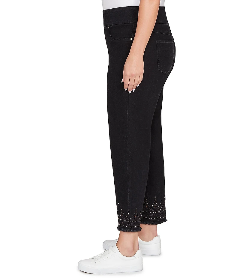 Ruby Rd. Plus Size Embroidered Bead Fringe Hem Pull-On Ankle Denim Jeans