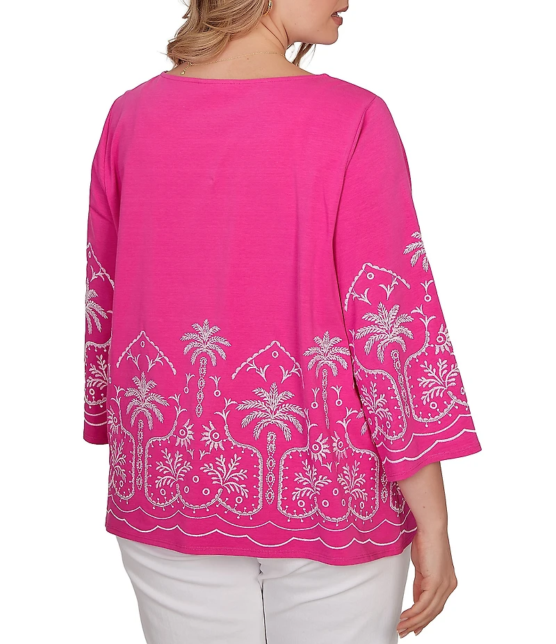 Ruby Rd. Plus Size Embroidered Boat Neck 3/4 Sleeve Top