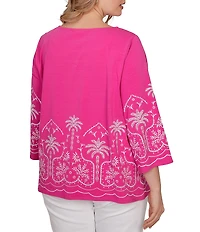 Ruby Rd. Plus Size Embroidered Boat Neck 3/4 Sleeve Top