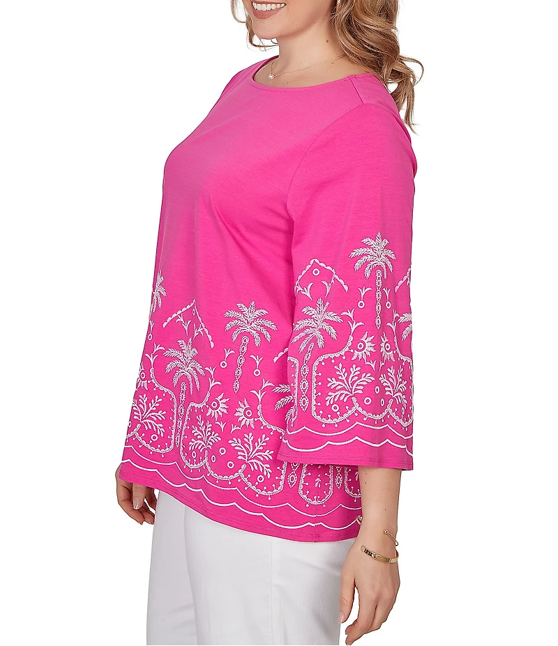 Ruby Rd. Plus Size Embroidered Boat Neck 3/4 Sleeve Top