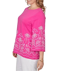 Ruby Rd. Plus Size Embroidered Boat Neck 3/4 Sleeve Top