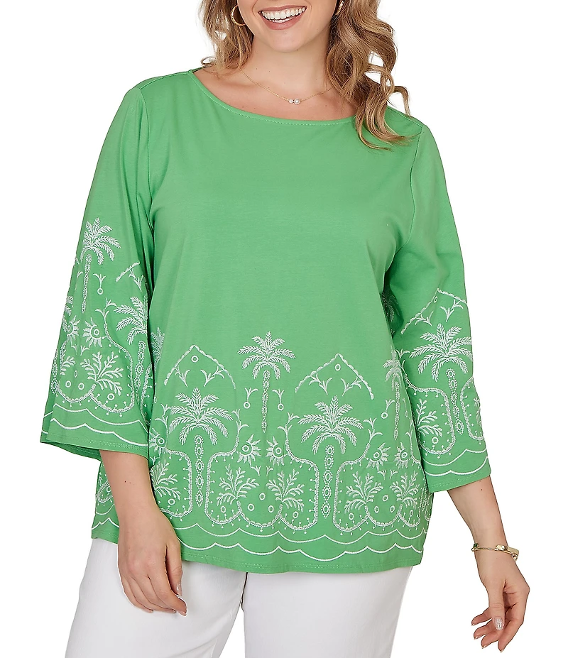 Ruby Rd. Plus Size Embroidered Boat Neck 3/4 Sleeve Top