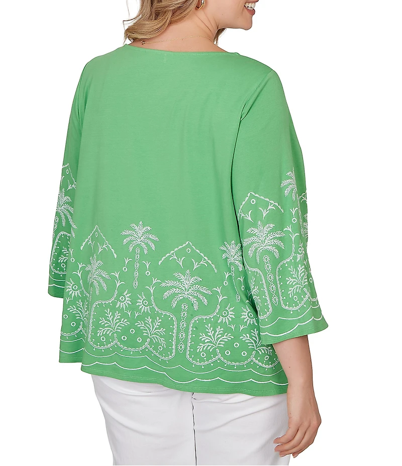 Ruby Rd. Plus Size Embroidered Boat Neck 3/4 Sleeve Top