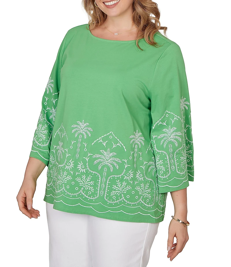 Ruby Rd. Plus Size Embroidered Boat Neck 3/4 Sleeve Top