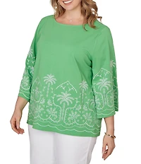 Ruby Rd. Plus Size Embroidered Boat Neck 3/4 Sleeve Top