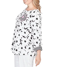 Ruby Rd. Plus Size Embroidered Floral Cotton Jersey Knit Boat Neck 3/4 Roll-Tab Sleeve Top