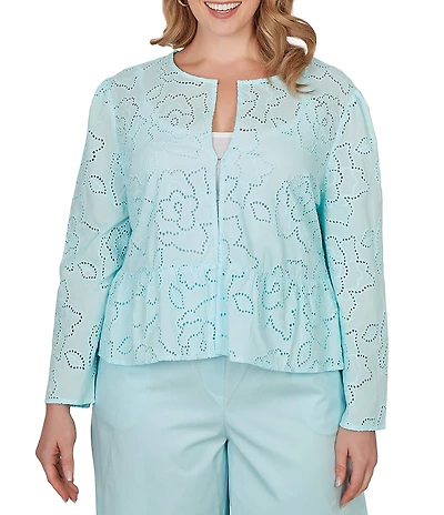Ruby Rd. Plus Size Embroidered Floral Eyelet Long Sleeve Coordinating Peplum Jacket