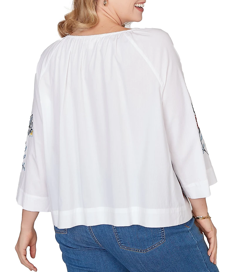 Ruby Rd. Plus Size Embroidered Floral Scoop Neck 3/4 Sleeve Button-Front Blouse
