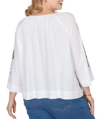 Ruby Rd. Plus Size Embroidered Floral Scoop Neck 3/4 Sleeve Button-Front Blouse